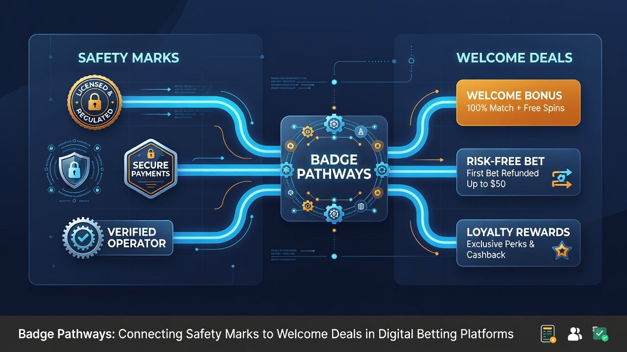 Illustration of connected pathways between safety certification icons and welcome bonus structures in a digital betting app dashboard