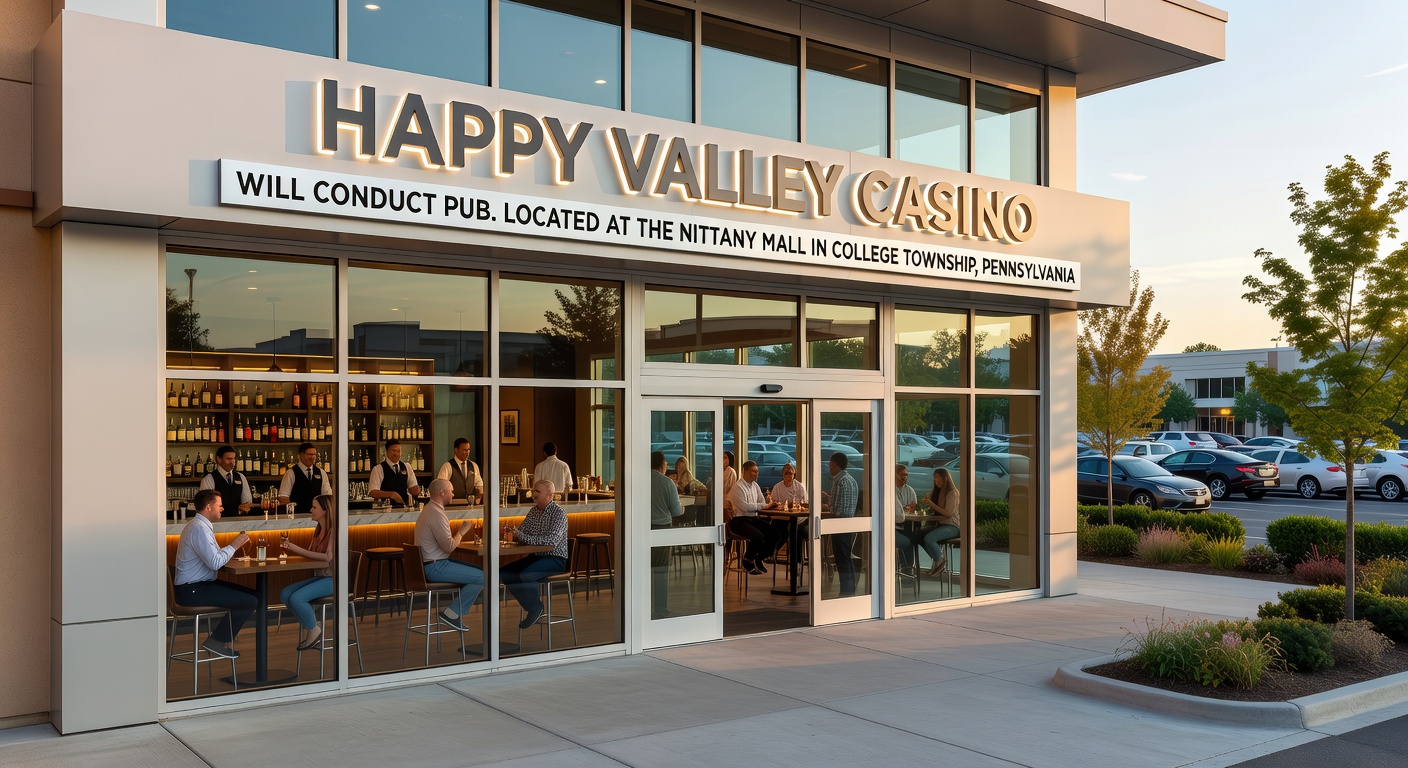 Interior concept of Happy Valley Casino showing vibrant slot machines, table games under bright lights, and patrons enjoying the atmosphere amid modern decor