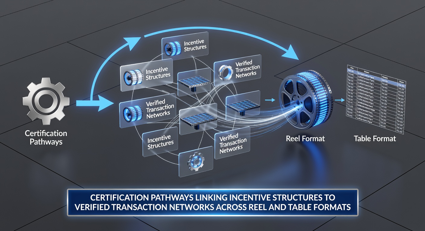 Certification pathways diagram showing connections between incentive structures and verified transaction networks for reel and table game formats