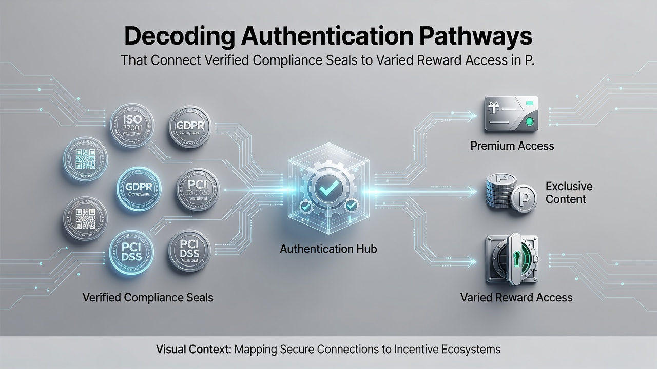 Diagram illustrating authentication flow from compliance verification to reward unlocking in mobile reel and live game environments