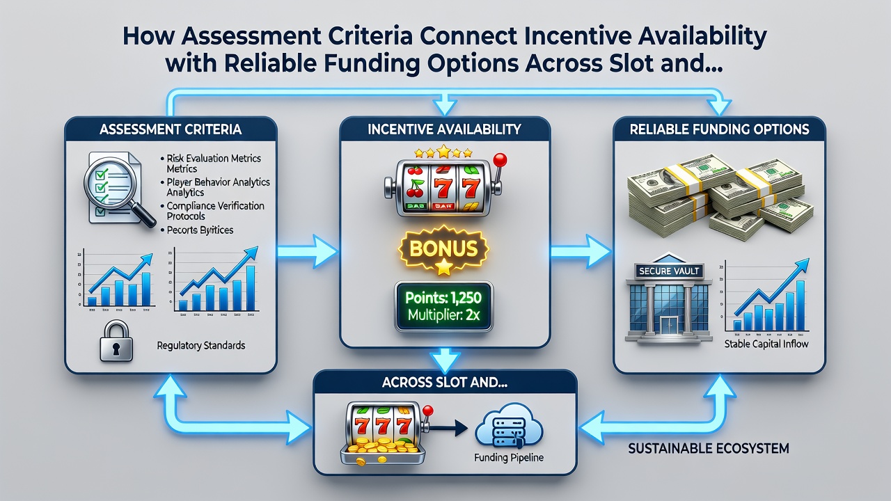 Split view of slot machine interface and blackjack table with overlaid assessment score indicators linking incentives to approved funding sources